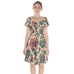 Victorian Beige And Teal Flower Pattern Short Sleeve Bardot Dress by violetheavensky