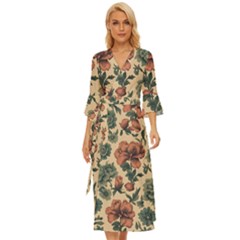 Victorian Beige And Teal Flower Pattern Midsummer Wrap Dress by violetheavensky
