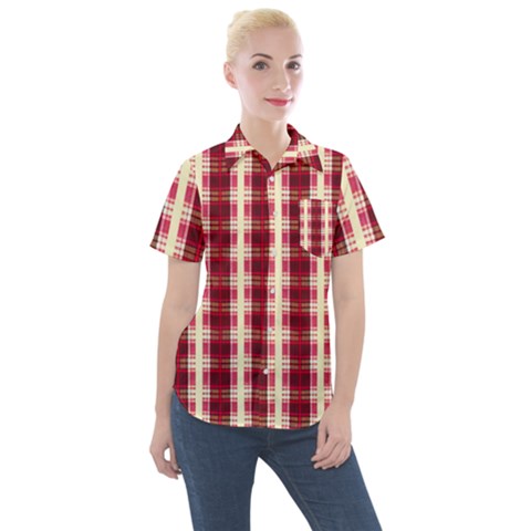 Retro 60s 50s Plaid Pattern 4 Women s Short Sleeve Pocket Shirt by violetheavensky