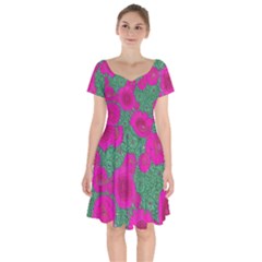 Mid Century Retro Floral 1970s 1960s Pattern 97 Short Sleeve Bardot Dress by violetheavensky