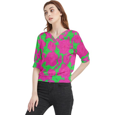 Mid Century Retro Floral 1970s 1960s Pattern 98 Quarter Sleeve Blouse by violetheavensky