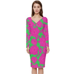 Mid Century Retro Floral 1970s 1960s Pattern 98 Long Sleeve V-neck Bodycon Dress  by violetheavensky