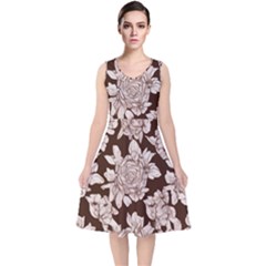 Mid Century Retro Floral 1970s 1960s Pattern 106 V-neck Midi Sleeveless Dress  by violetheavensky