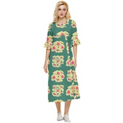 Retro 1880s Flowers Pattern 6 Double Cuff Midi Dress by violetheavensky