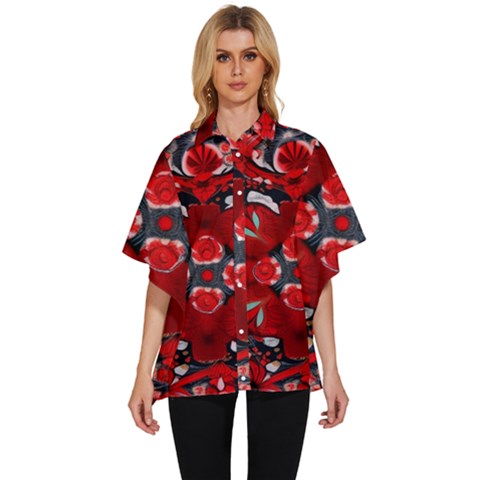 Mid Century Retro Floral 1970s 1960s Pattern 105 Women s Batwing Button Up Shirt by violetheavensky