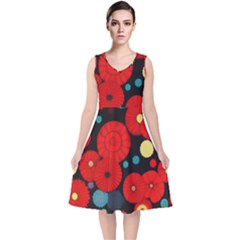 Mid Century Retro Floral 1970s 1960s Pattern 104 V-neck Midi Sleeveless Dress  by violetheavensky