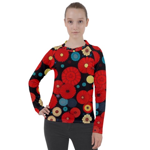 Mid Century Retro Floral 1970s 1960s Pattern 104 Women s Pique Long Sleeve T-shirt by violetheavensky