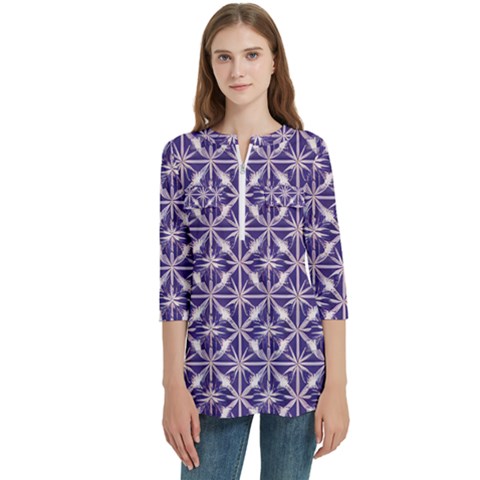 Royal Fractal Pattern 4 Women s Zip Front V-neck 3/4 Sleeve Casual Top Pocket Shirt by violetheavensky