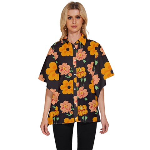 Retro 40s 50s Flowers Pattern Halloween 3 Women s Batwing Button Up Shirt by violetheavensky