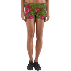 Mid Century Retro Floral 1970s 1960s Pattern 88 Yoga Shorts by violetheavensky
