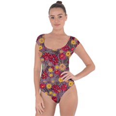 Mid Century Retro Floral 1970s 1960s Pattern 90 Short Sleeve Leotard  by violetheavensky