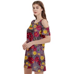 Mid Century Retro Floral 1970s 1960s Pattern 90 Women s Cold Shoulder Round Neck Mini Dress by violetheavensky