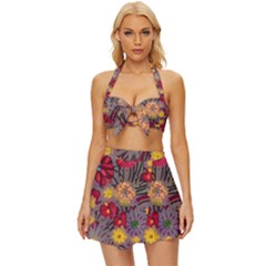 Mid Century Retro Floral 1970s 1960s Pattern 90 Vintage Style Bikini Top And Skirt Set  by violetheavensky