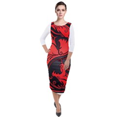 Red Yin Yang Dragons Quarter Sleeve Midi Velour Bodycon Dress by JeffBartels