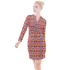 Retro 40s 50s Mexico Flowers Pattern Button Long Sleeve Dress by violetheavensky