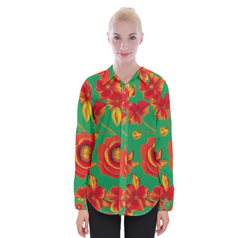 Mid Century Retro Floral 1970s 1960s Pattern 89 Womens Long Sleeve Shirt by violetheavensky