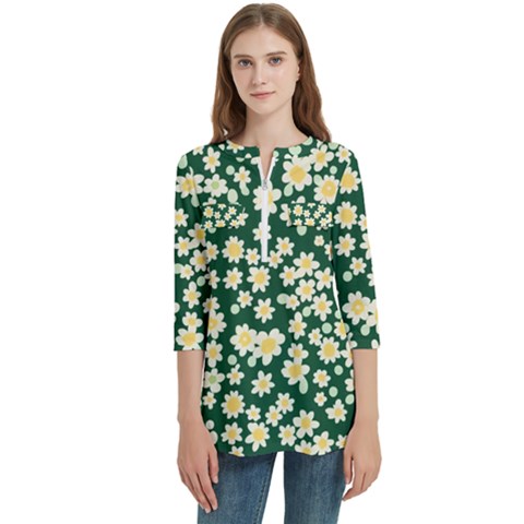 Mid Century Retro Floral 1970s 1960s Pattern 93 Women s Zip Front V-neck 3/4 Sleeve Casual Top Pocket Shirt by violetheavensky