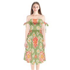 Retro 40s 50s Mexico Flowers Pattern 3 Shoulder Tie Bardot Midi Dress by violetheavensky
