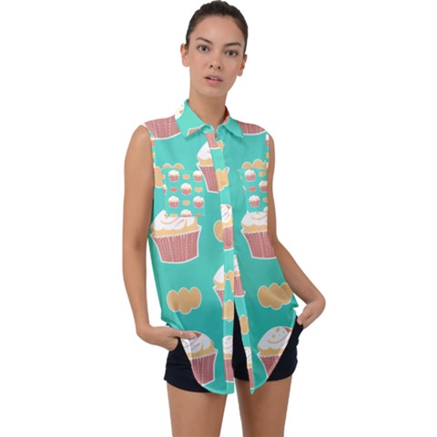 Retro 40s 50s Cupcake Pattern 3 Sleeveless Chiffon Button Shirt by violetheavensky
