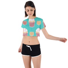 Retro 40s 50s Cupcake Pattern 3 Tie Back Short Sleeve Crop T-shirt by violetheavensky