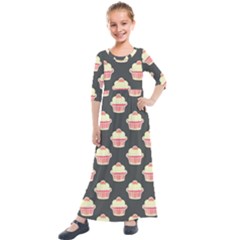 Retro 40s 50s Cupcake Pattern 4 Kids  Quarter Sleeve Maxi Dress by violetheavensky
