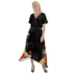 Korean Art Flowers Asian Pattern Cross Front Sharkbite Hem Maxi Dress by Sabxi