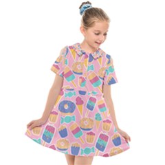 Ice Cream Donut Sweets Candie Kids  Short Sleeve Shirt Dress by Apenda