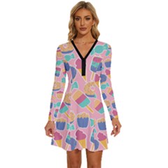 Ice Cream Donut Sweets Candie Long Sleeve Deep V Mini Dress  by Apenda