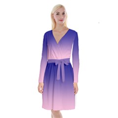 Navy Blue To Cotton Candy Pink Linear Gradient Long Sleeve Velvet Front Wrap Dress by GradientsOmbre