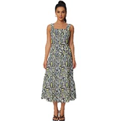 Green Leaves Square Neckline Tiered Midi Dress by DinkovaArt