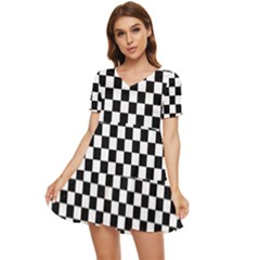 Pattern Checkered Squares Black White Pattern Tiered Short Sleeve Babydoll Dress by Sabxi