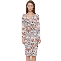 Mix Animal Faces Long Sleeve V-neck Bodycon Dress  by DinkovaArt