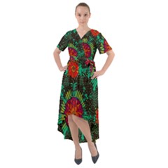 Mid Century Retro Floral 1970s 1960s Pattern 72 Front Wrap High Low Dress by violetheavensky