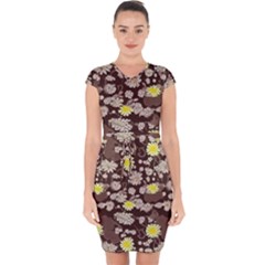 Mid Century Retro Floral 1970s 1960s Pattern 84 Capsleeve Drawstring Dress  by violetheavensky