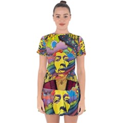 Psychedelic Rock Jimi Hendri Drop Hem Mini Chiffon Dress by Tsamara