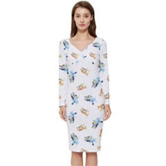 Bluey Pattern Long Sleeve V-neck Bodycon Dress  by avitendut