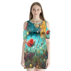 Flowers Detail Painting Nature Shoulder Cutout Velvet One Piece by Anend