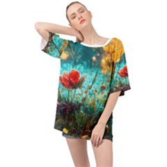 Flowers Detail Painting Nature Oversized Chiffon Top by Anend