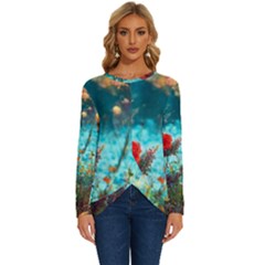 Flowers Detail Painting Nature Long Sleeve Crew Neck Pullover Top by Anend