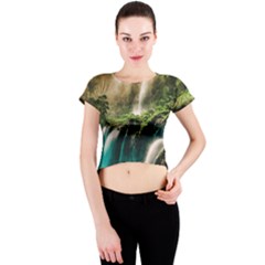 Waterfall Rocks Jungle Forest Crew Neck Crop Top by Anend