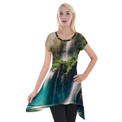 Waterfall Rocks Jungle Forest Short Sleeve Side Drop Tunic by Anend