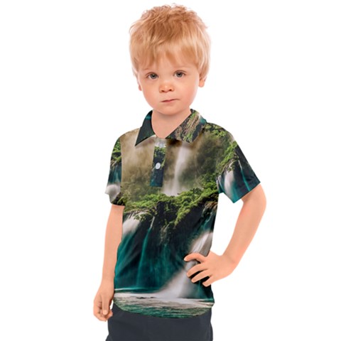 Waterfall Rocks Jungle Forest Kids  Polo T-shirt by Anend