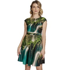 Waterfall Rocks Jungle Forest Cap Sleeve High Waist Dress by Anend