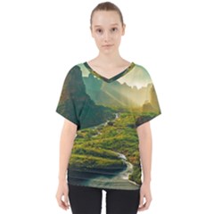 Mountains Trees Forest V-neck Dolman Drape Top by Anend
