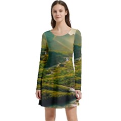 Mountains Trees Forest Long Sleeve Velour Skater Dress by Anend
