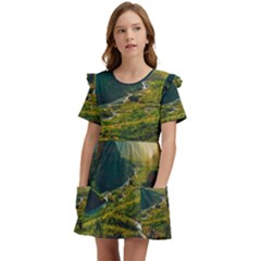Mountains Trees Forest Kids  Frilly Sleeves Pocket Dress by Anend