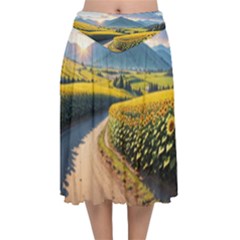 Sunflowers Flowers Nature Velvet Flared Midi Skirt by Anend