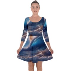 Ocean Sea Waves Quarter Sleeve Skater Dress by Anend