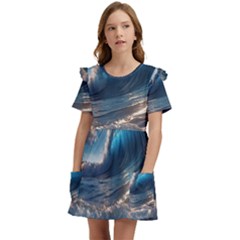 Ocean Sea Waves Kids  Frilly Sleeves Pocket Dress by Anend