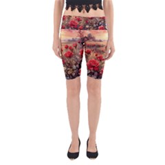 Roses Flower Field Sunset Nature Yoga Cropped Leggings by Anend